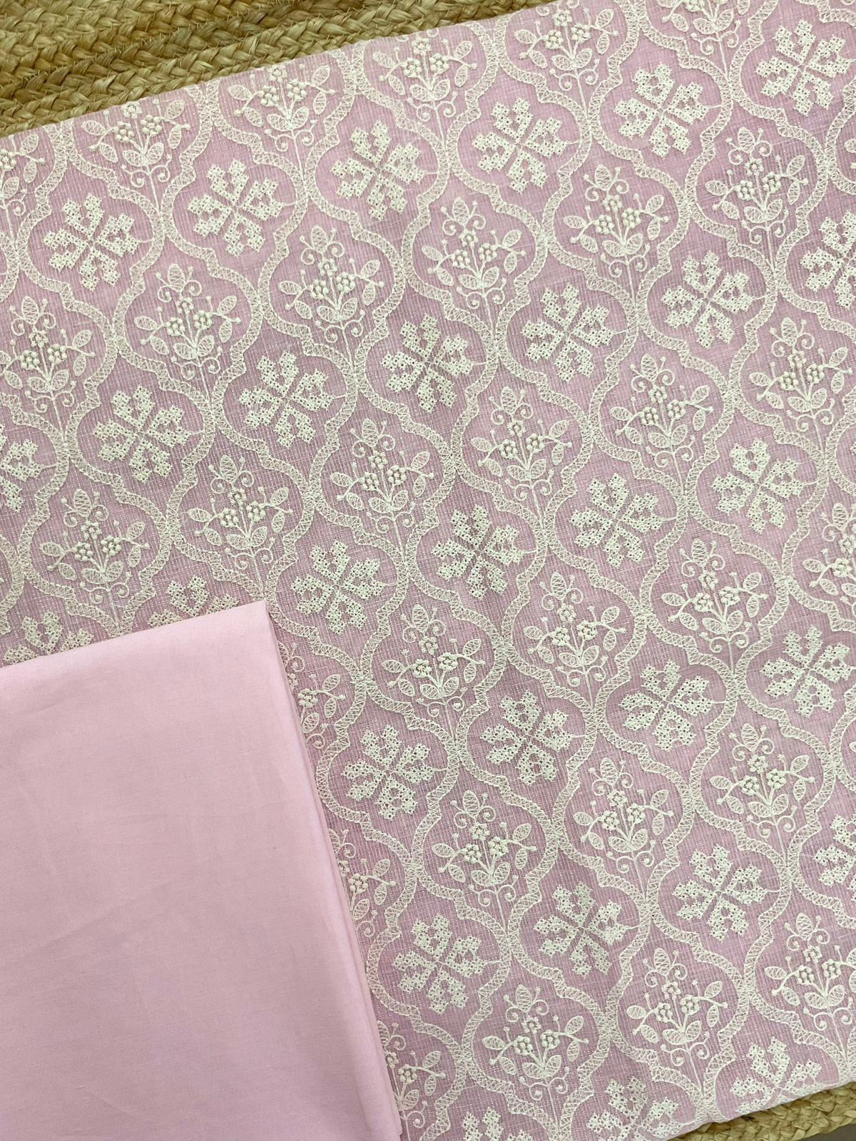 Soft Fine Tissue Kota Silk Embroidered Suit - Pink