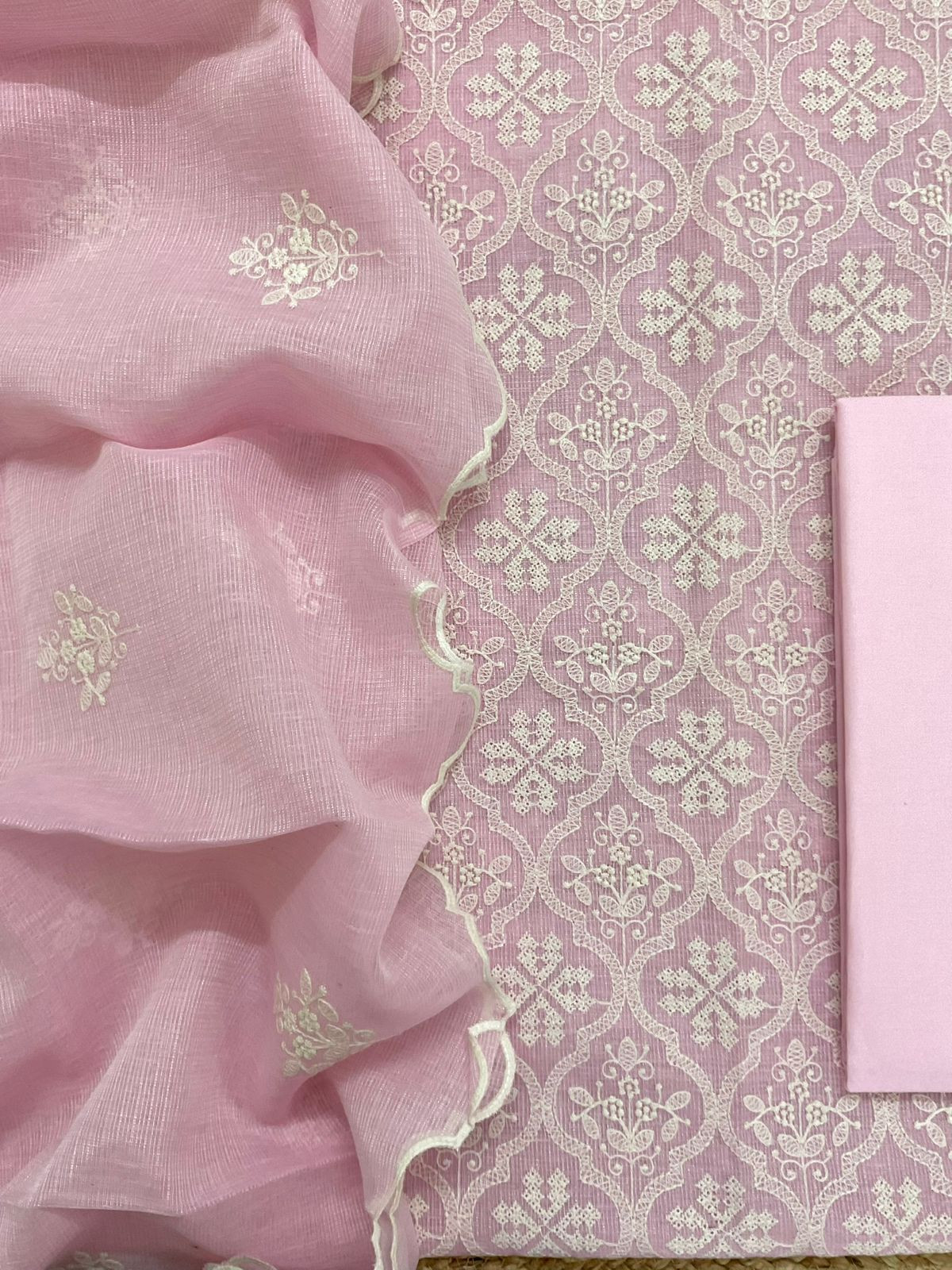 Soft Fine Tissue Kota Silk Embroidered Suit - Pink