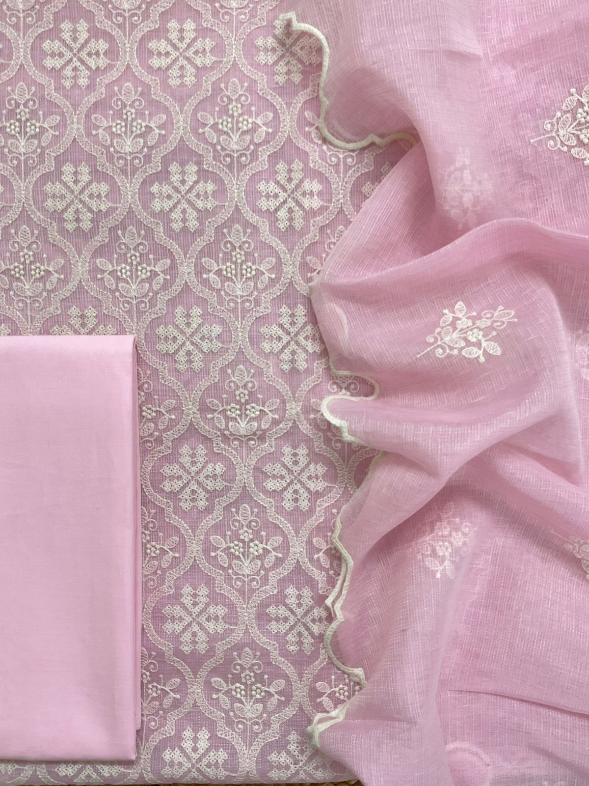 Soft Fine Tissue Kota Silk Embroidered Suit - Pink