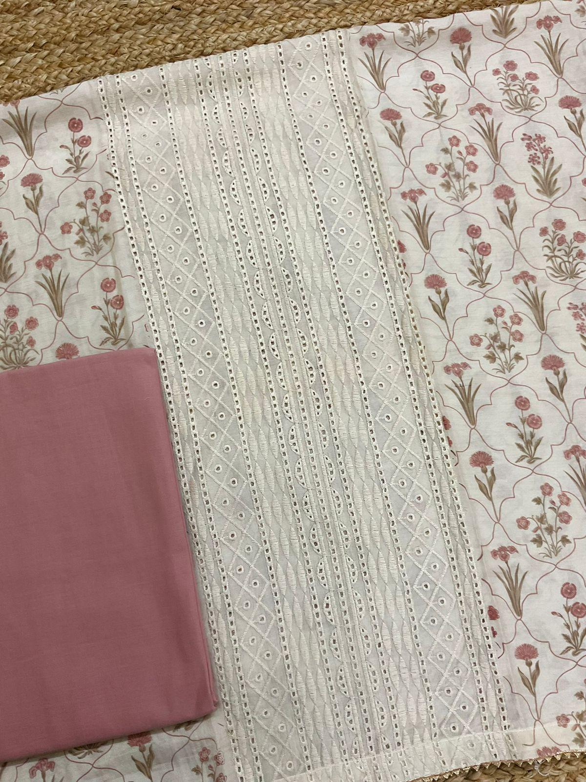 Pure Muslin Printed Embroidered Suit - Cream