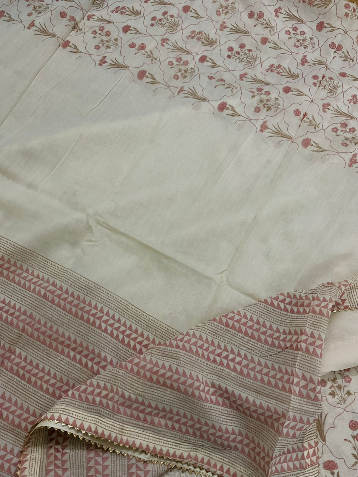 Pure Muslin Printed Embroidered Suit - Cream