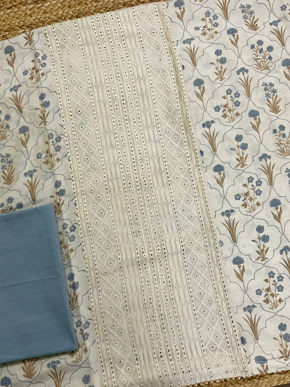 Pure Muslin Printed Embroidered Suit - Cream