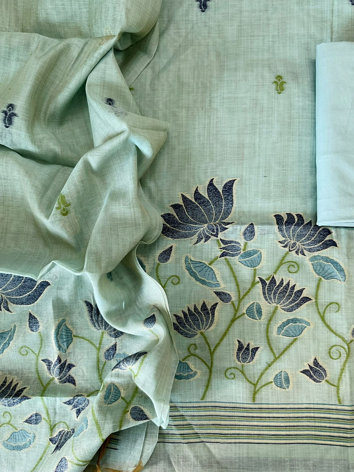 Soft Slub Chanderi Jamdani Weaved Suit - Blue