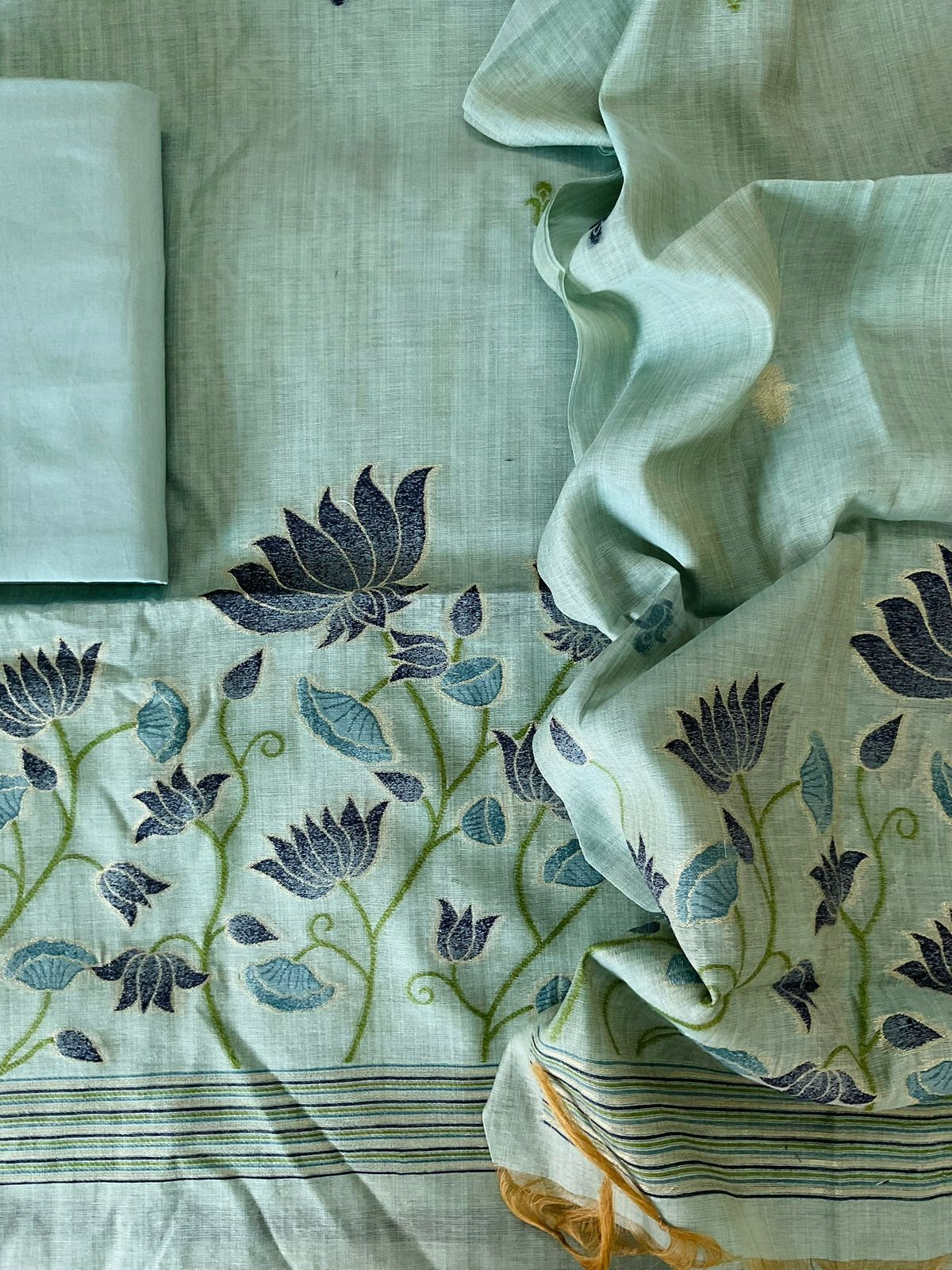 Soft Slub Chanderi Jamdani Weaved Suit - Blue