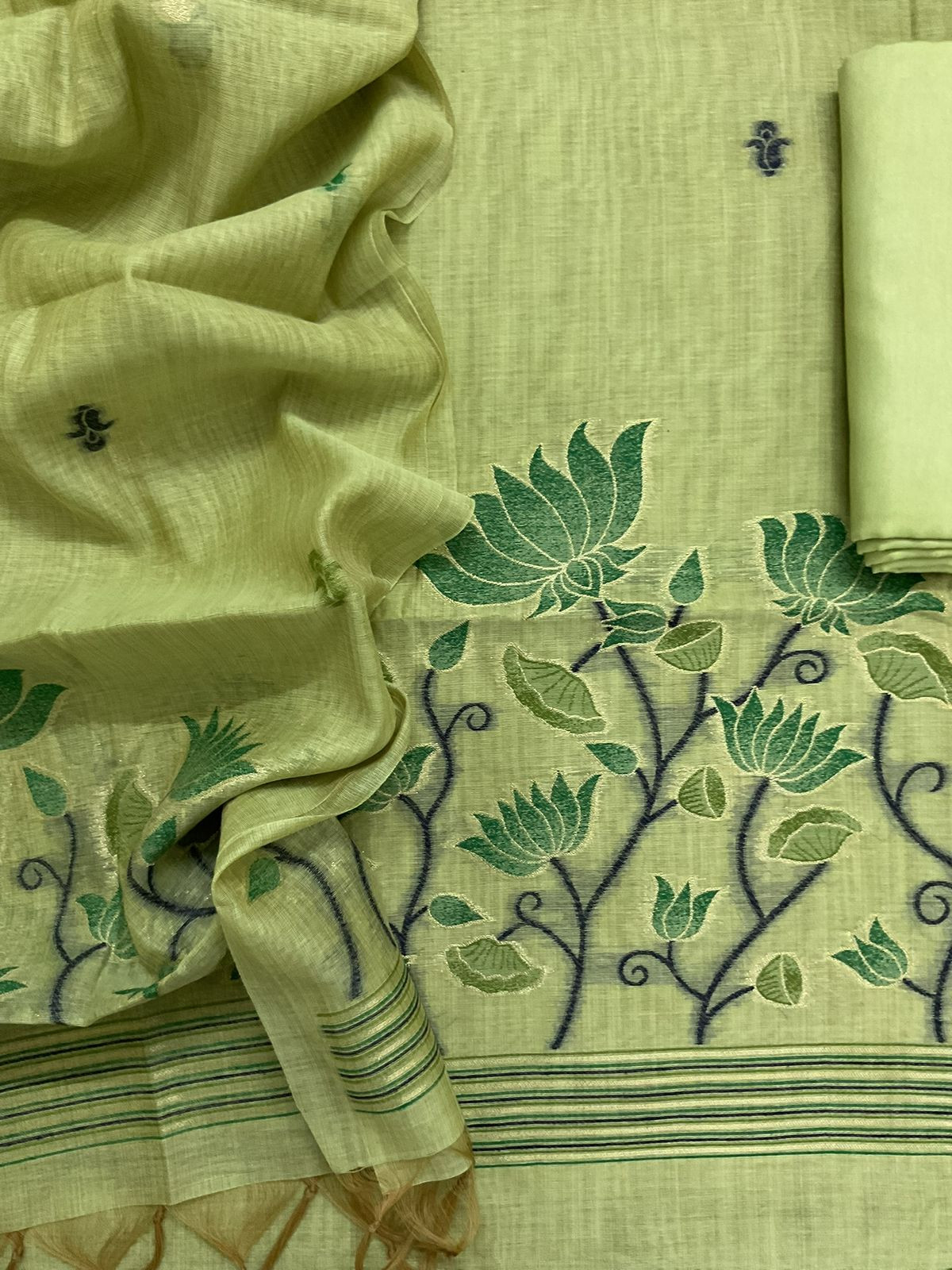 Soft Slub Chanderi Jamdani Weaved Suit - Green