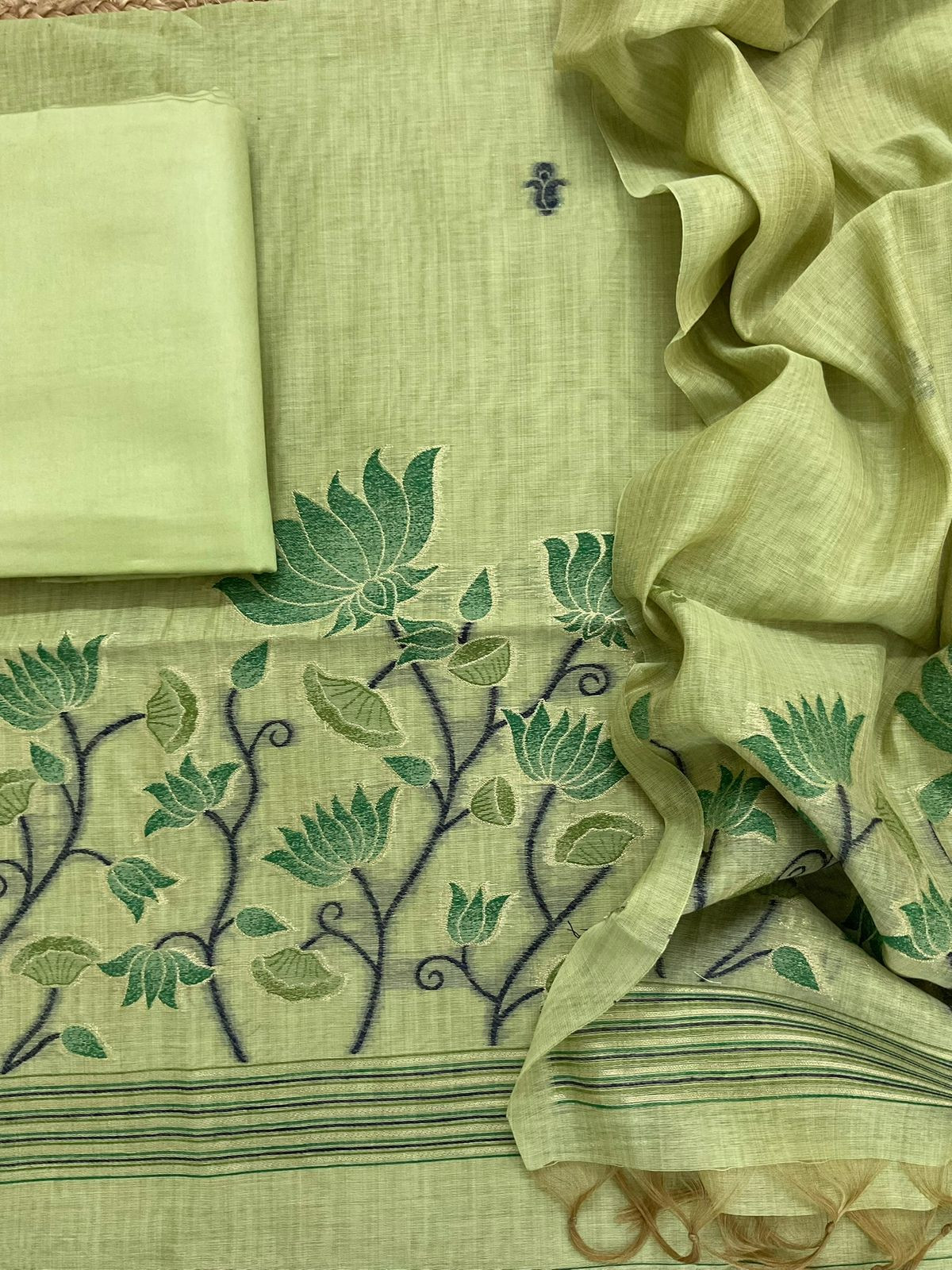 Soft Slub Chanderi Jamdani Weaved Suit - Green