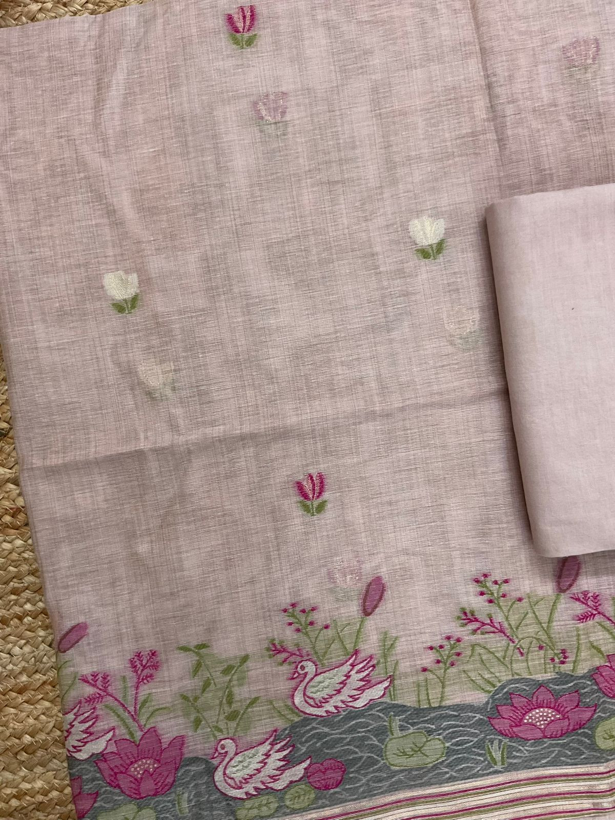 Soft Slub Chanderi Jamdani Weaved Suit - Pink