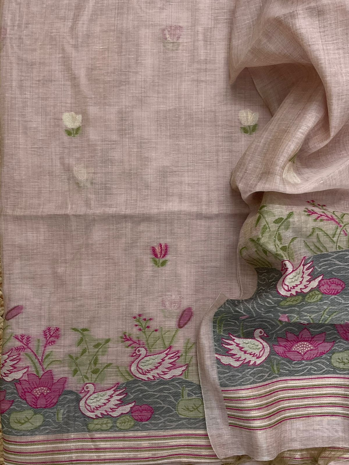 Soft Slub Chanderi Jamdani Weaved Suit - Pink