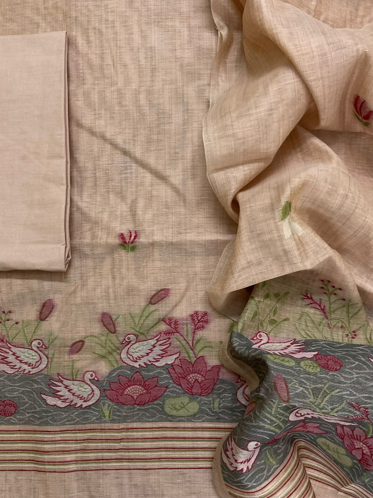 Soft Slub Chanderi Jamdani Weaved Suit - Peach