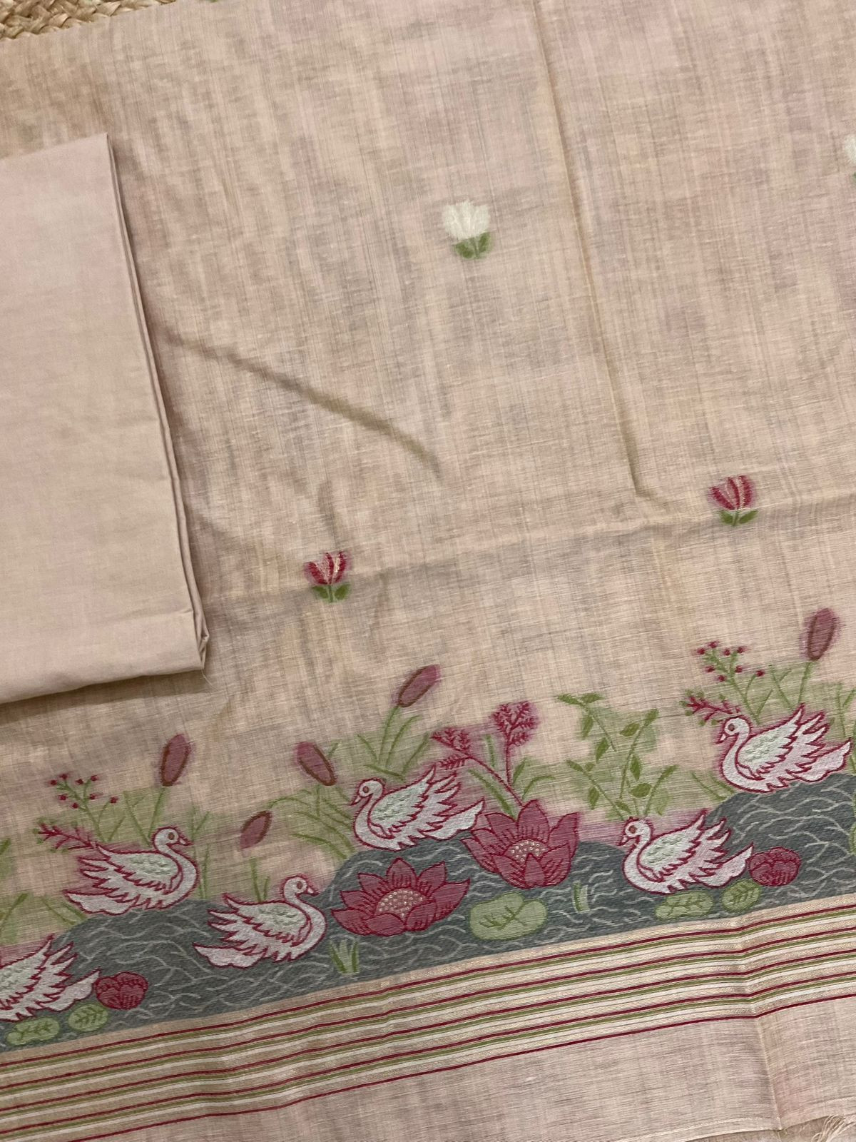 Soft Slub Chanderi Jamdani Weaved Suit - Peach