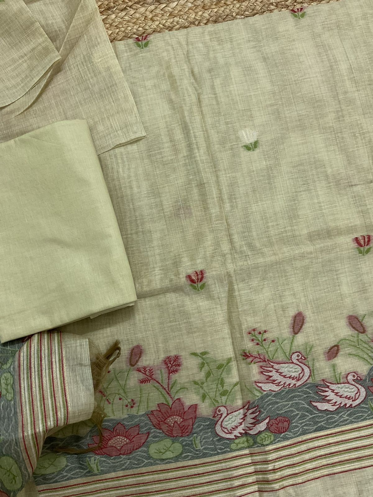 Soft Slub Chanderi Jamdani Weaved Suit - Green