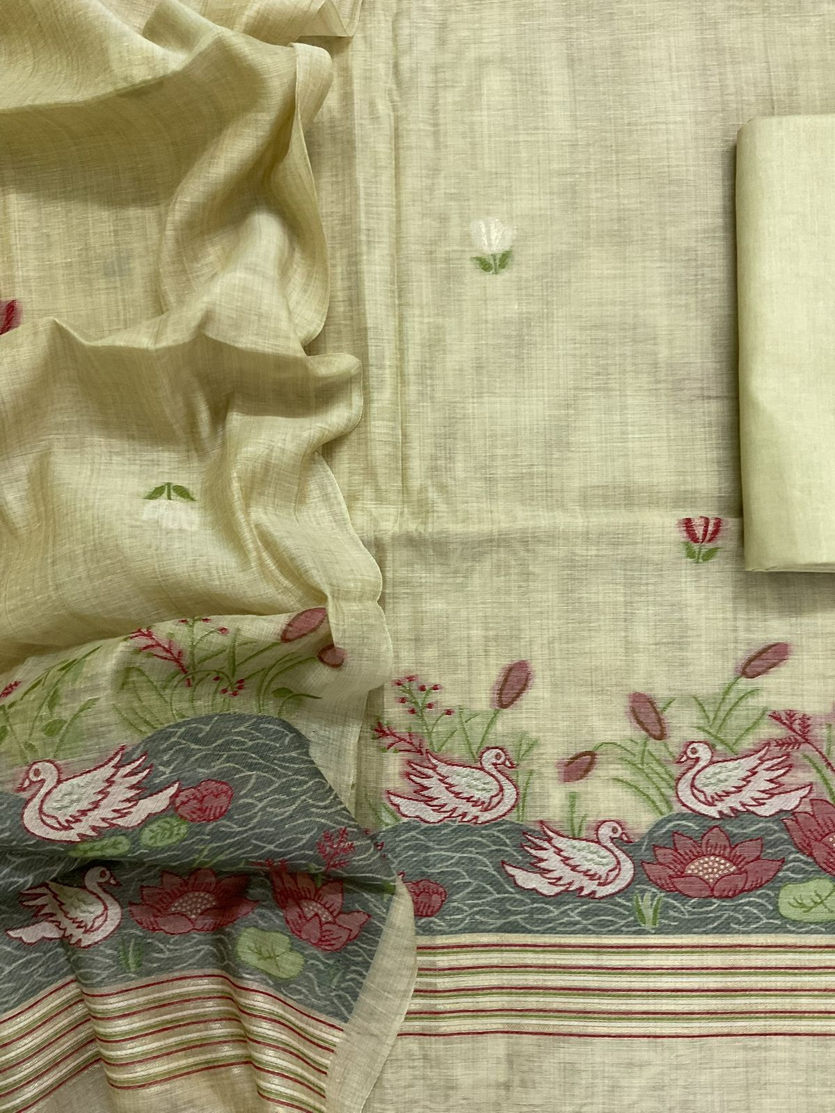 Soft Slub Chanderi Jamdani Weaved Suit - Green