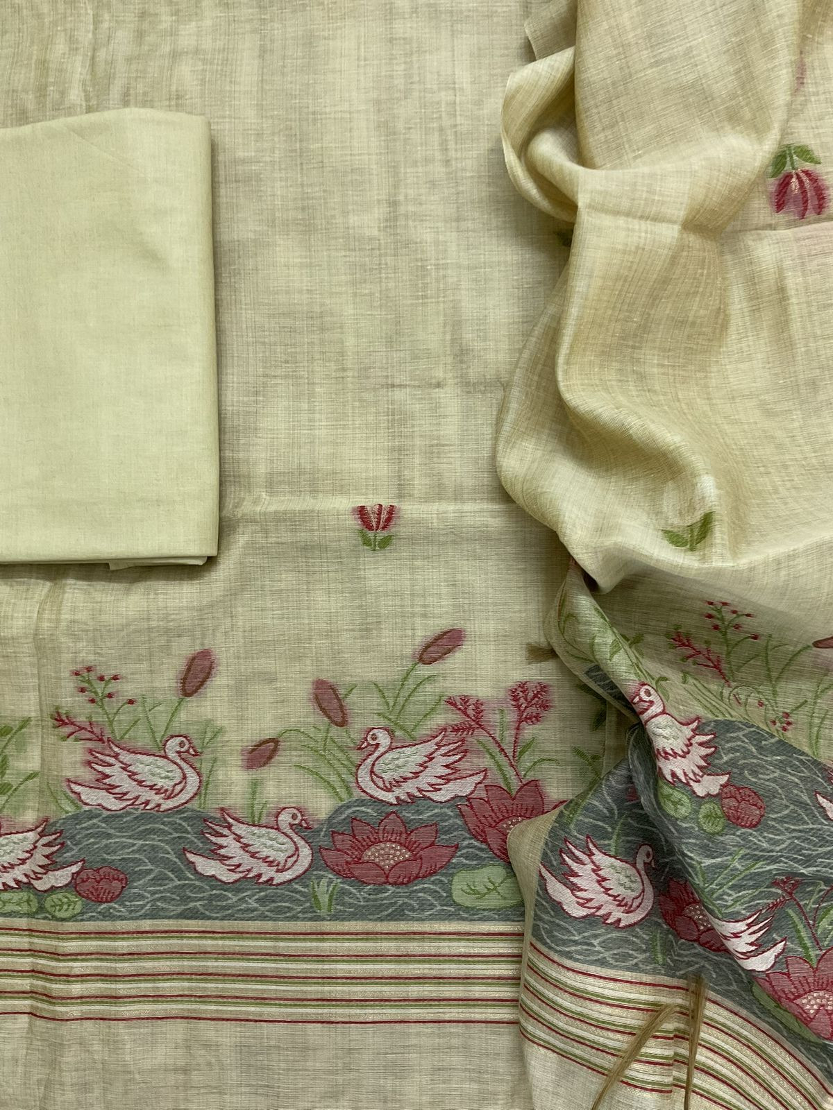 Soft Slub Chanderi Jamdani Weaved Suit - Green