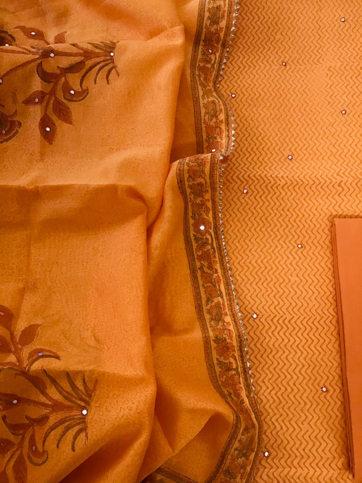 Pure Chanderi Printed Embroidered Suit - Orange