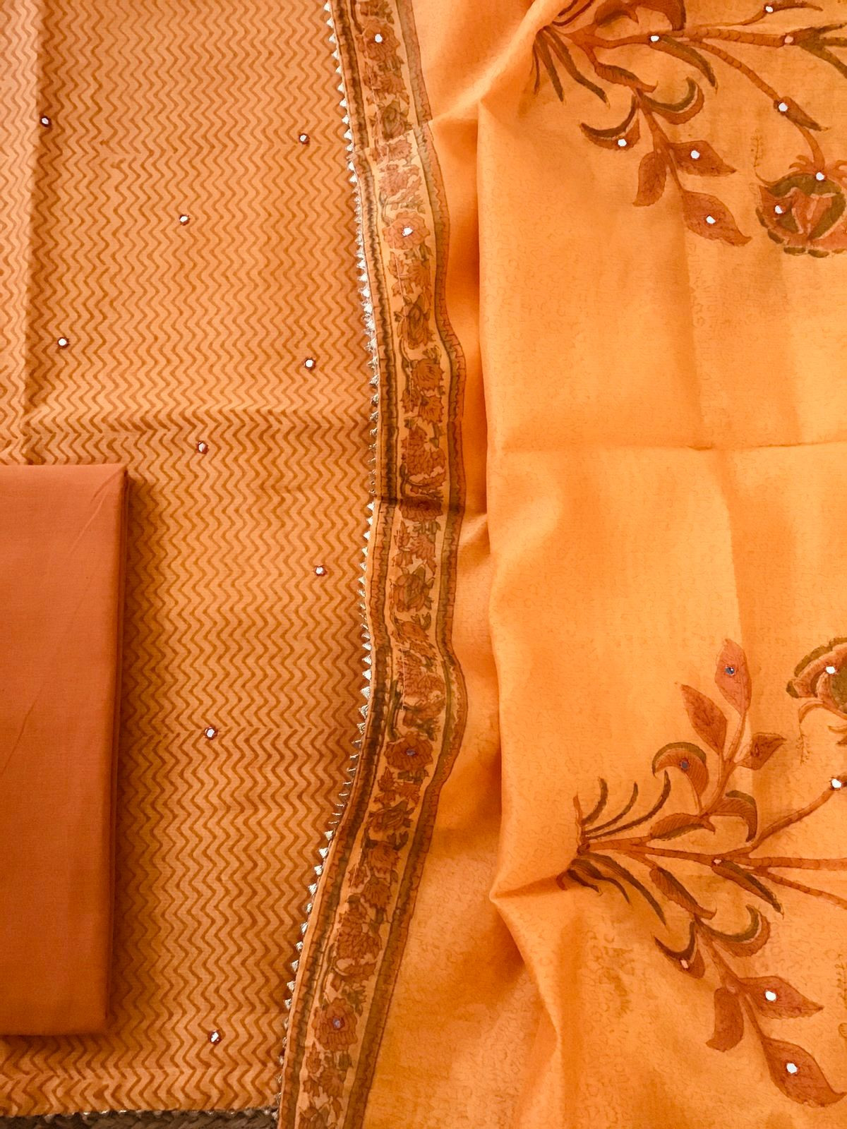 Pure Chanderi Printed Embroidered Suit - Orange