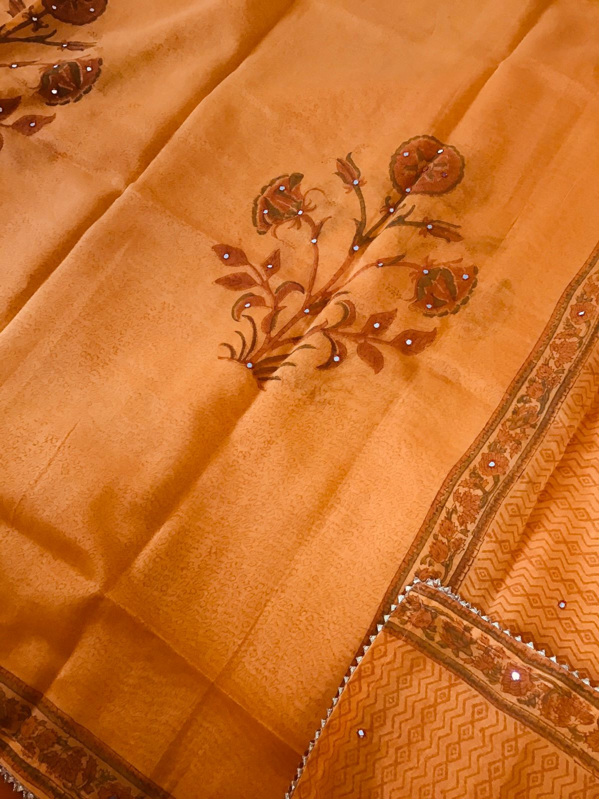 Pure Chanderi Printed Embroidered Suit - Orange