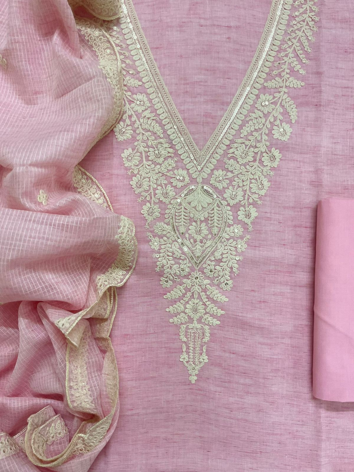 Pure Fine Handloom Cotton Embroidered Suit - Pink