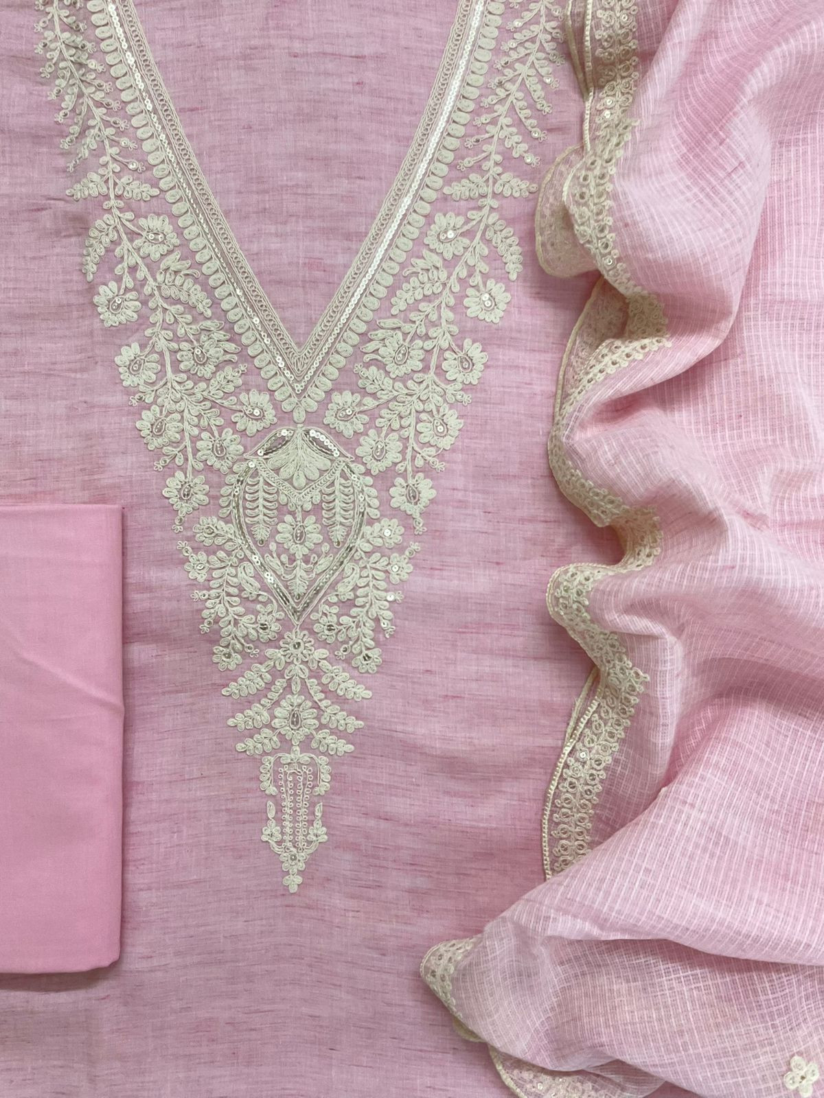 Pure Fine Handloom Cotton Embroidered Suit - Pink