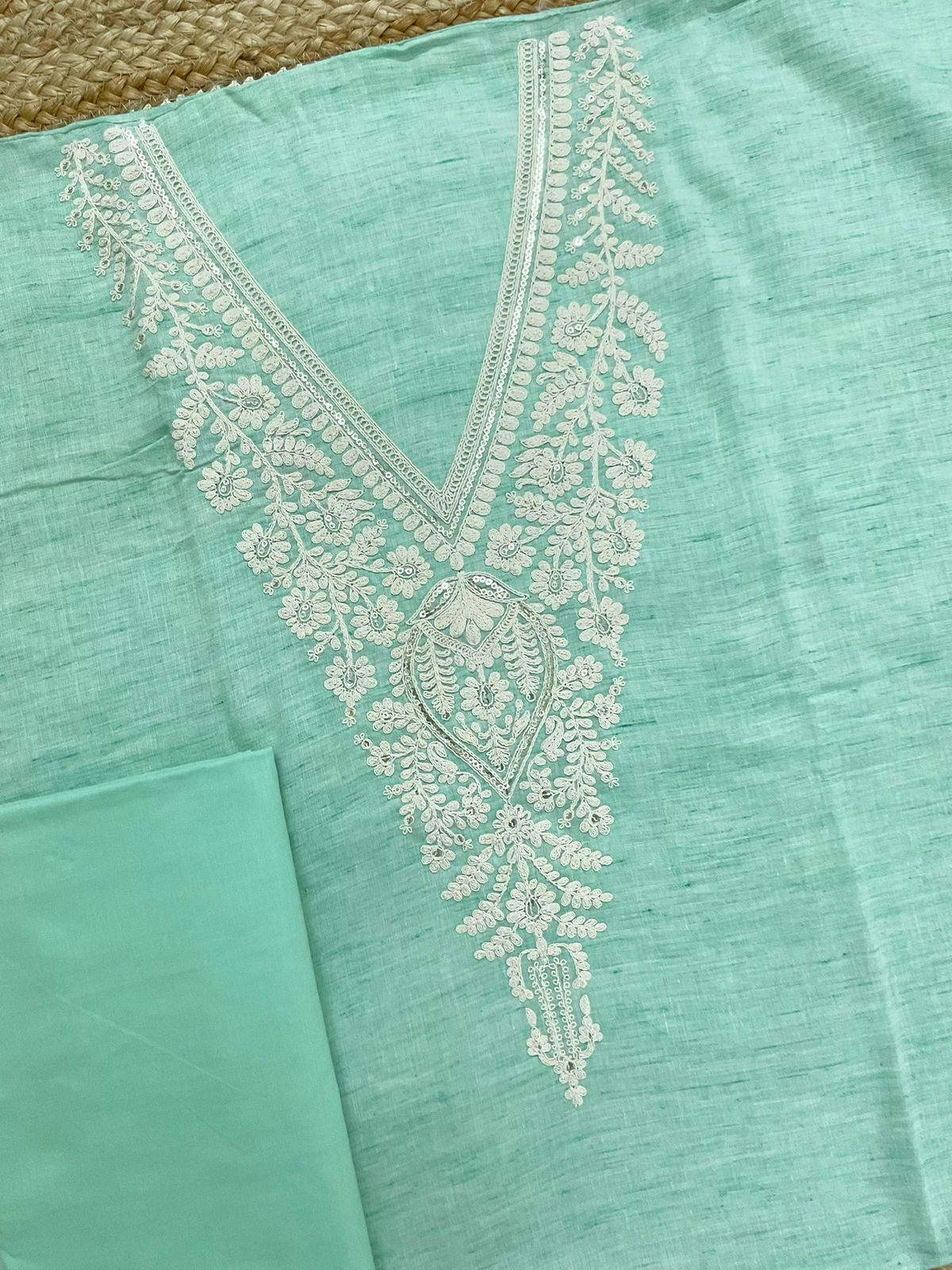 Pure Fine Handloom Cotton Embroidered Suit - Sea Green