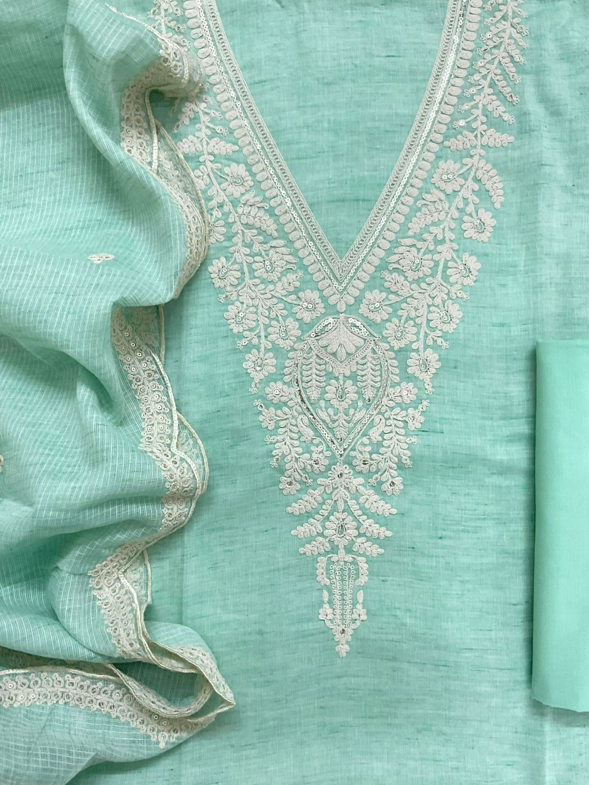 Pure Fine Handloom Cotton Embroidered Suit - Sea Green
