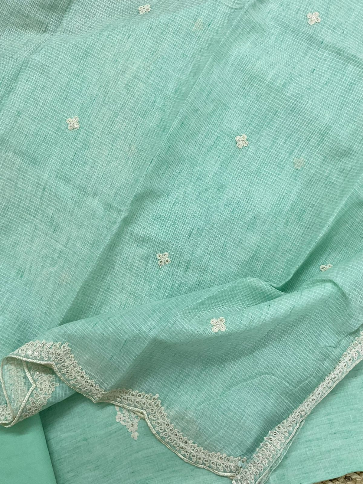 Pure Fine Handloom Cotton Embroidered Suit - Sea Green