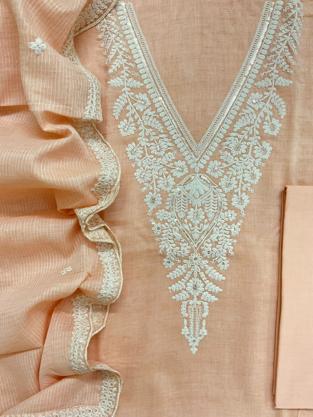 Pure Fine Handloom Cotton Embroidered Suit - Peach