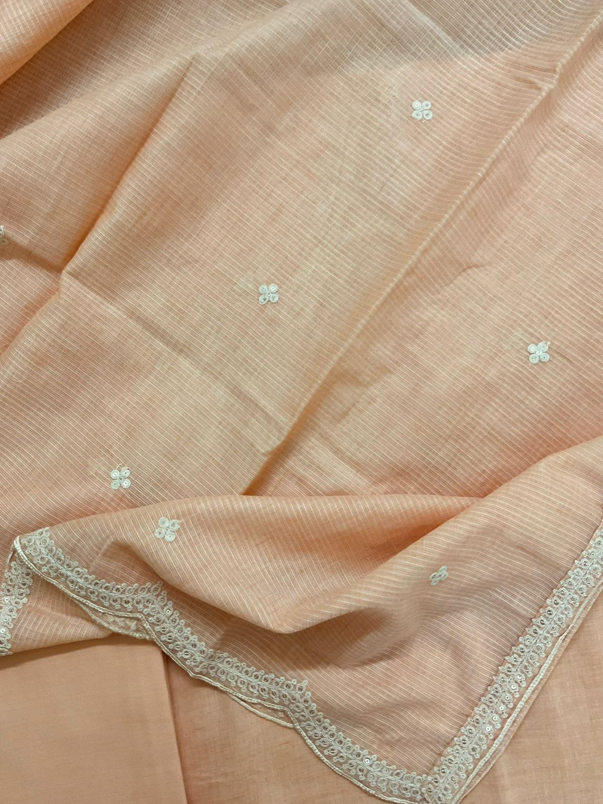 Pure Fine Handloom Cotton Embroidered Suit - Peach