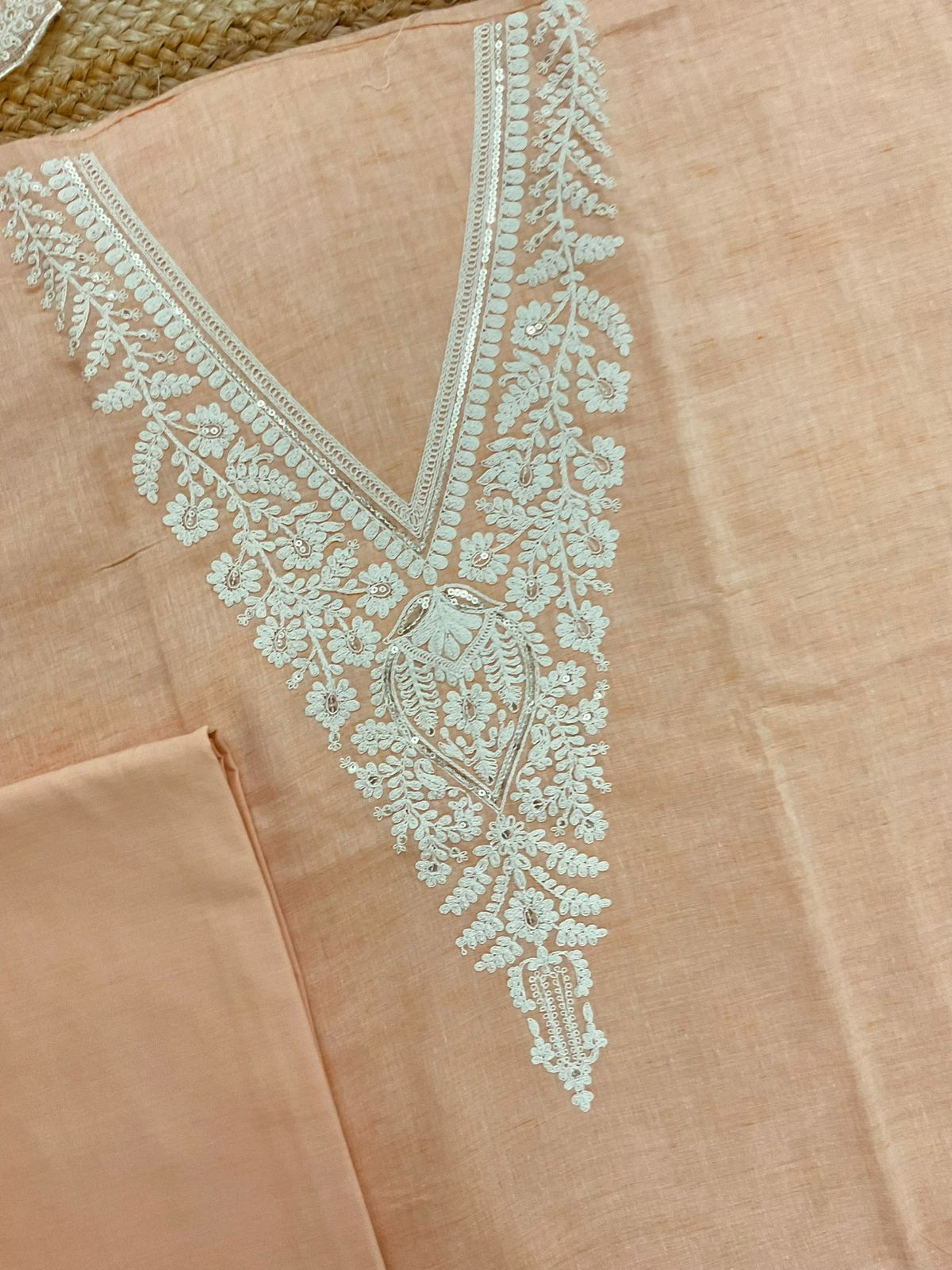 Pure Fine Handloom Cotton Embroidered Suit - Peach