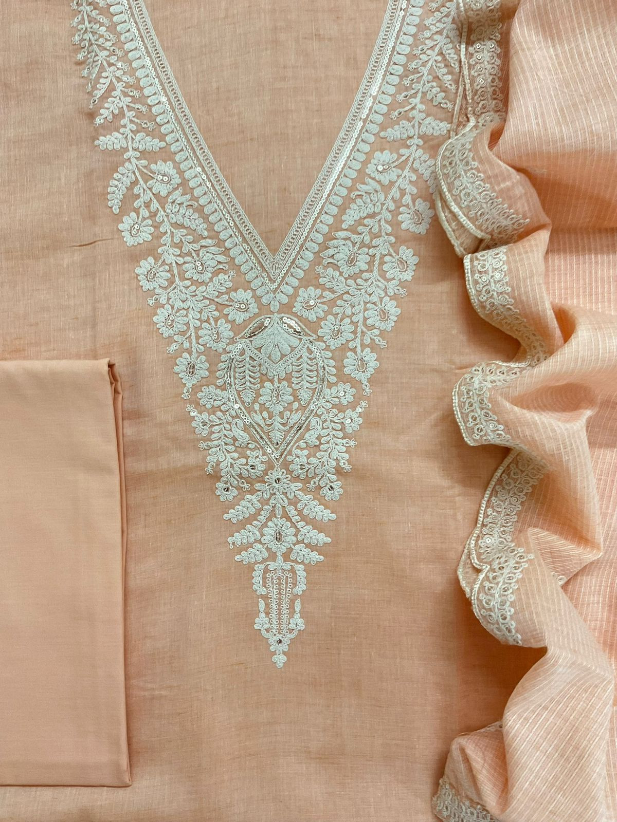 Pure Fine Handloom Cotton Embroidered Suit - Peach