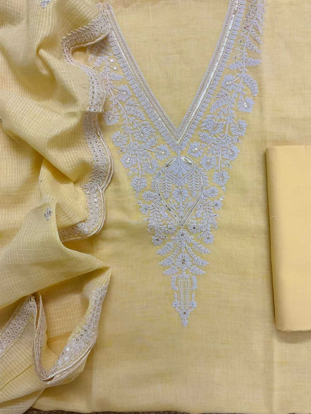 Pure Fine Handloom Cotton Embroidered Suit - Yellow