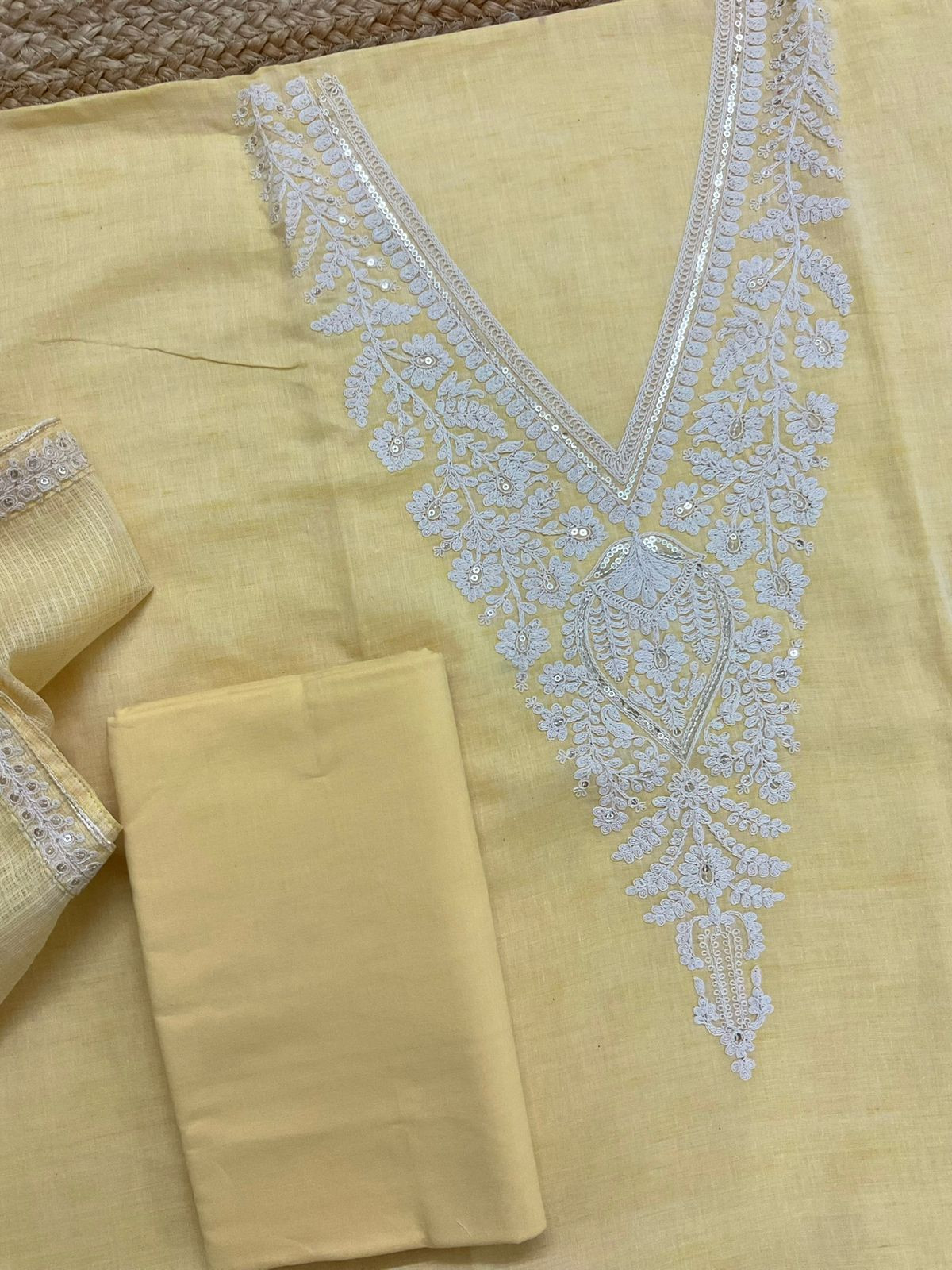 Pure Fine Handloom Cotton Embroidered Suit - Yellow