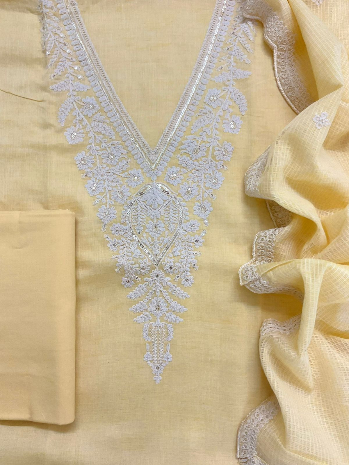 Pure Fine Handloom Cotton Embroidered Suit - Yellow