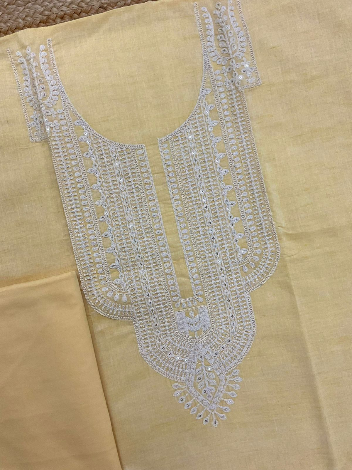 Pure Fine Handloom Cotton Embroidered Suit - Yellow