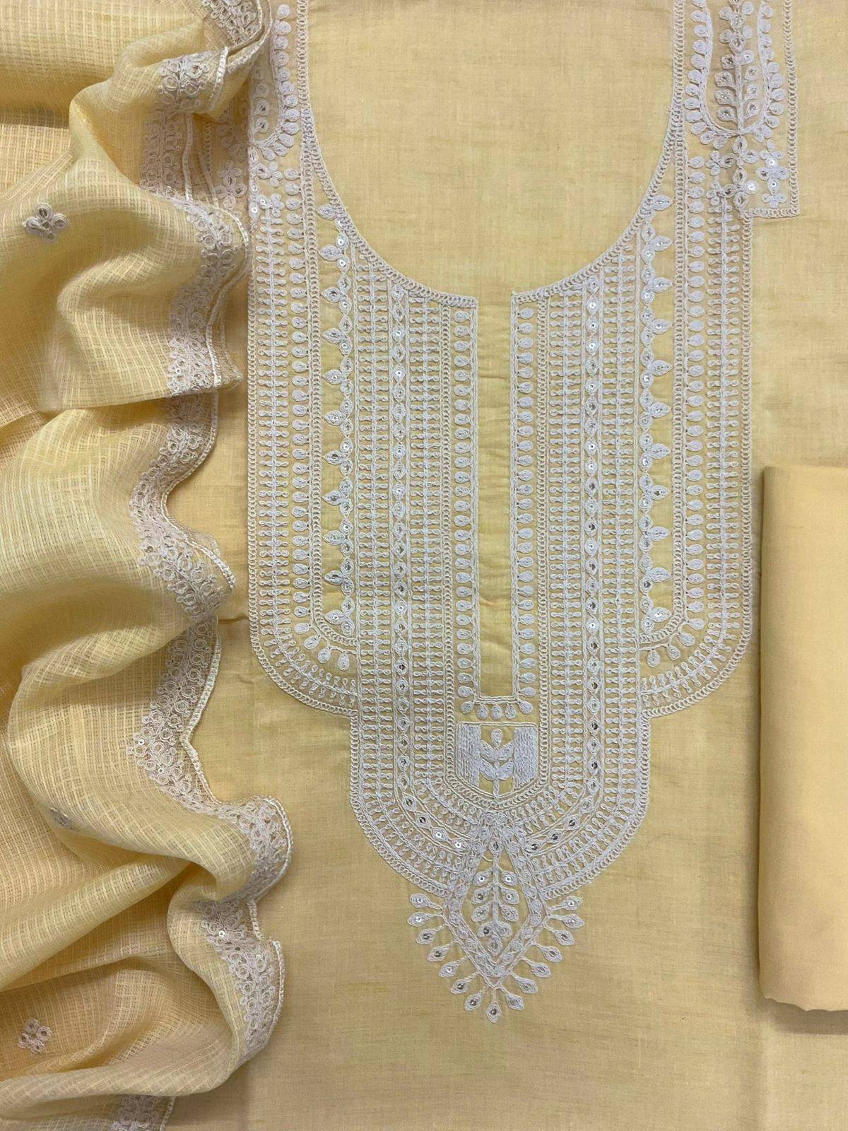 Pure Fine Handloom Cotton Embroidered Suit - Yellow
