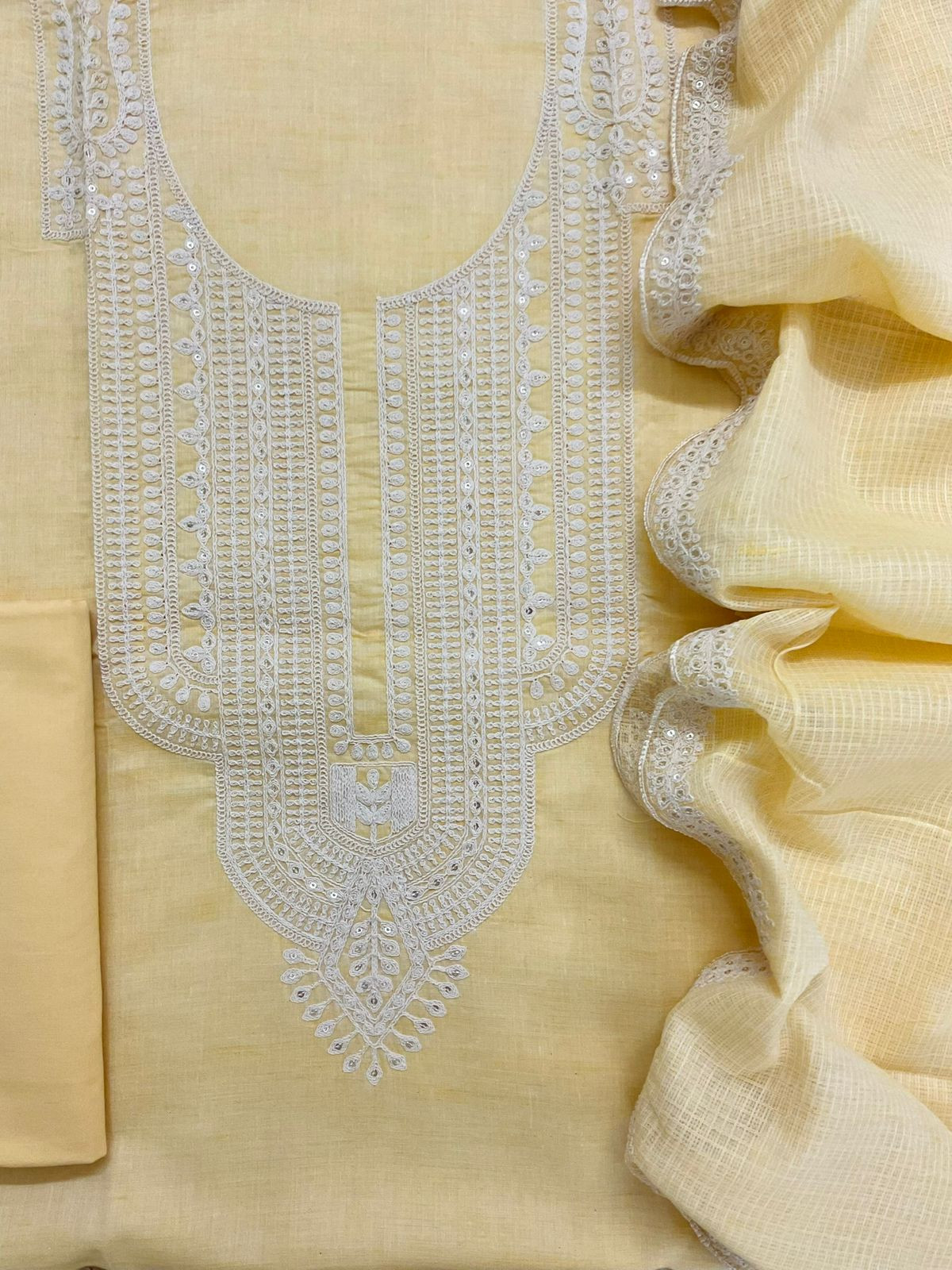 Pure Fine Handloom Cotton Embroidered Suit - Yellow