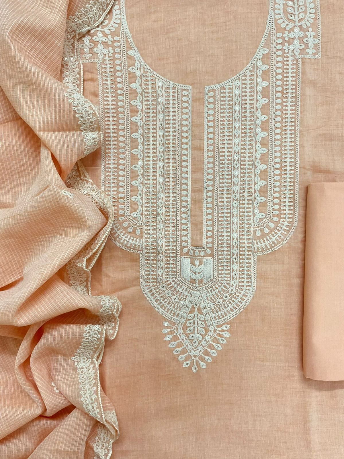 Pure Fine Handloom Cotton Embroidered Suit - Peach
