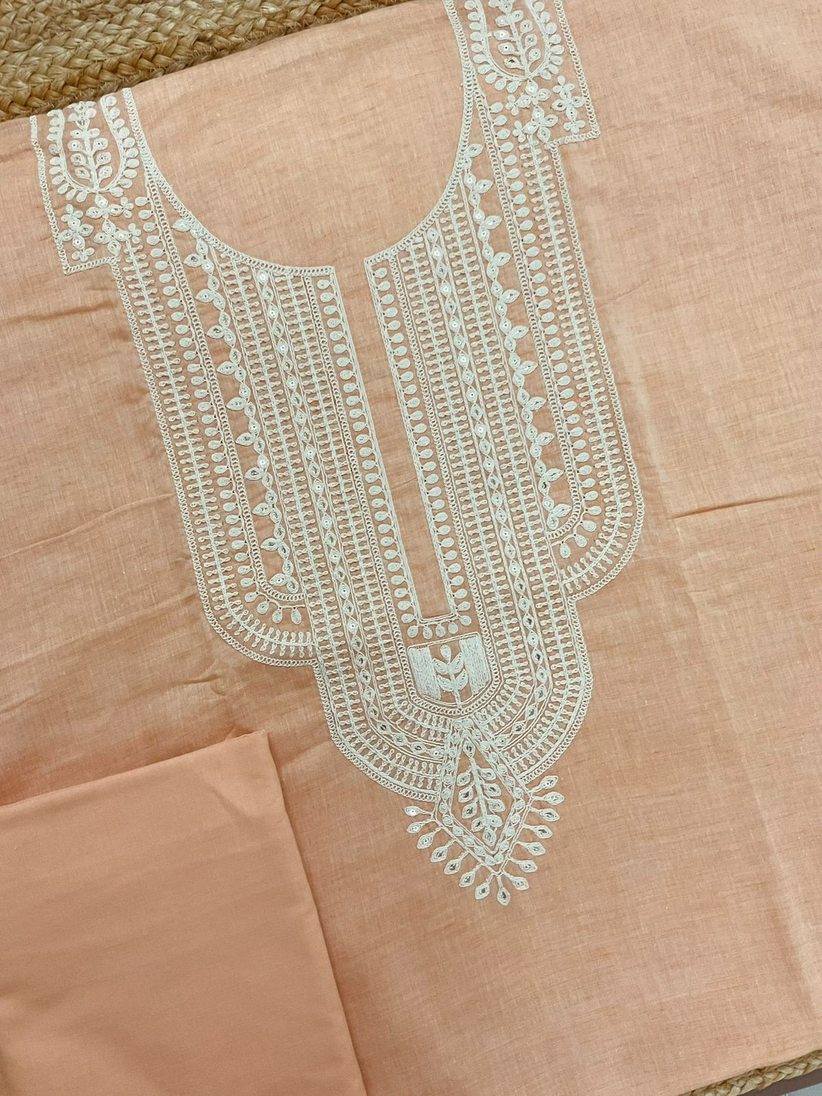 Pure Fine Handloom Cotton Embroidered Suit - Peach