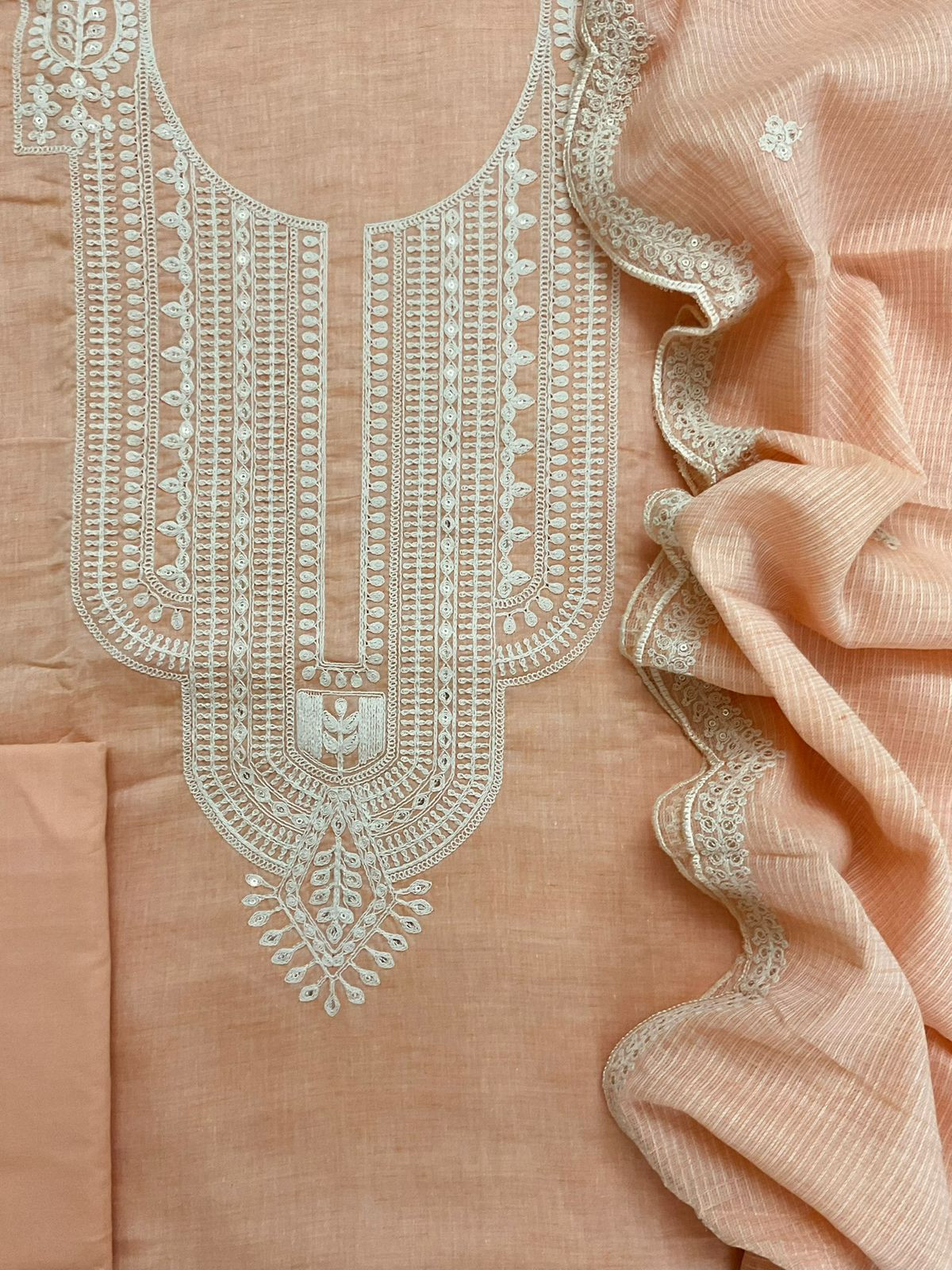 Pure Fine Handloom Cotton Embroidered Suit - Peach