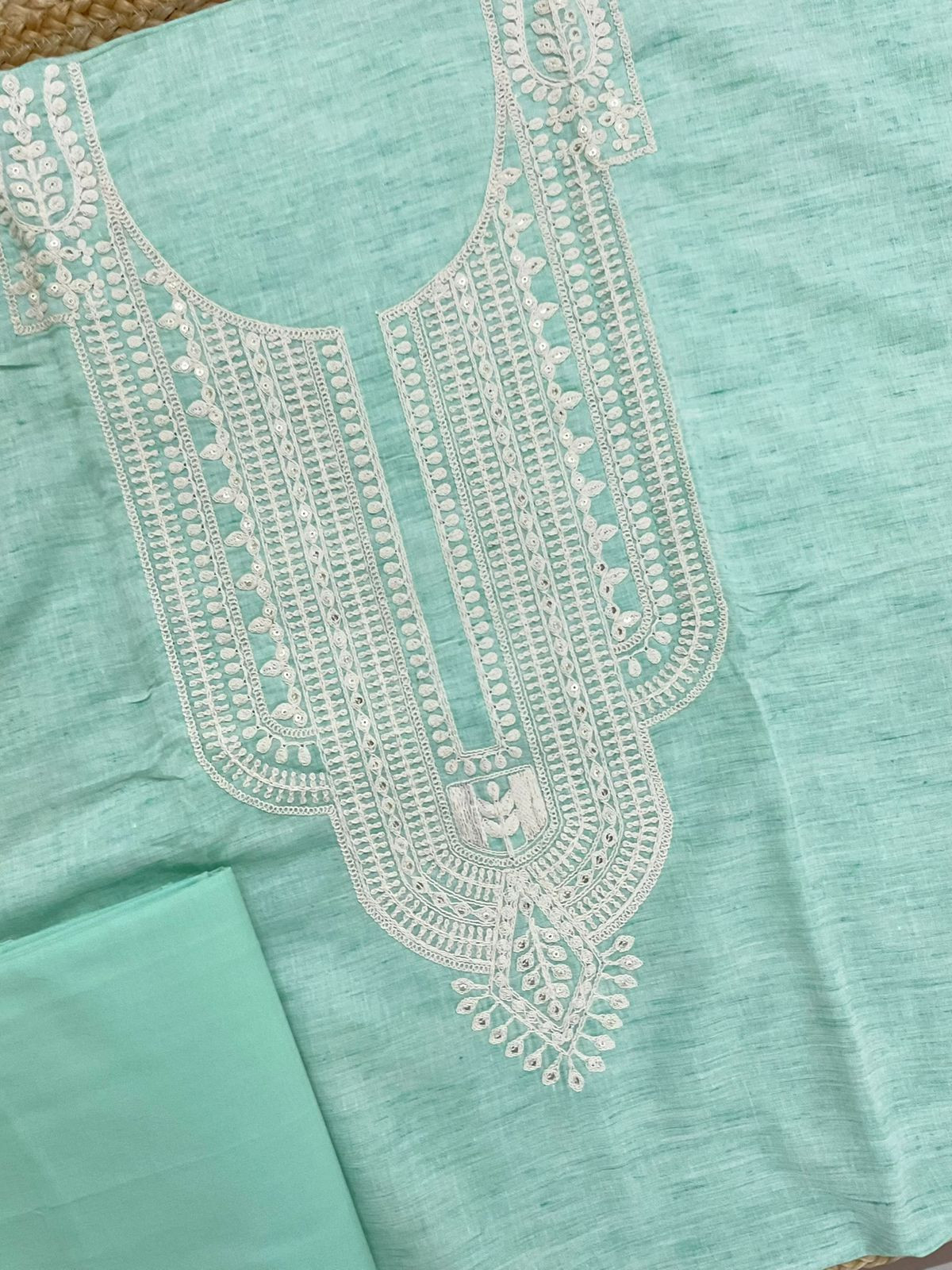 Pure Fine Handloom Cotton Embroidered Suit - Sea Green