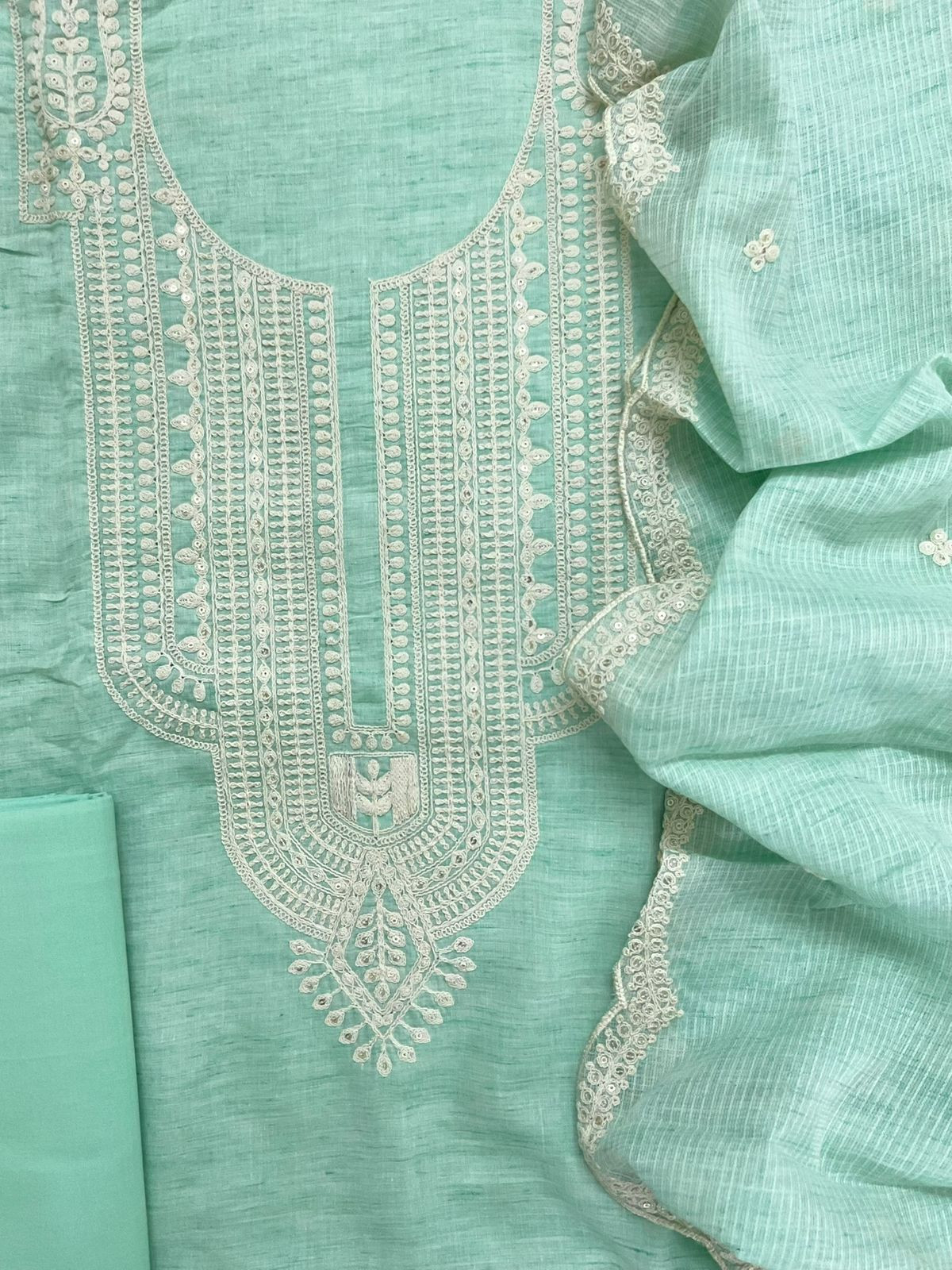 Pure Fine Handloom Cotton Embroidered Suit - Sea Green