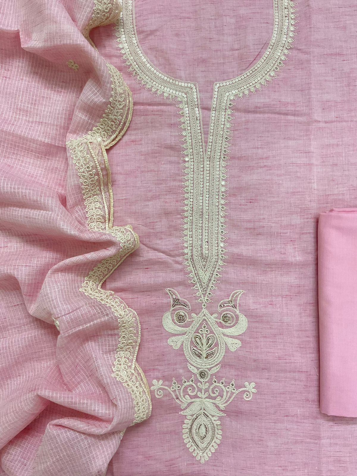 Pure Fine Handloom Cotton Embroidered Suit - Pink