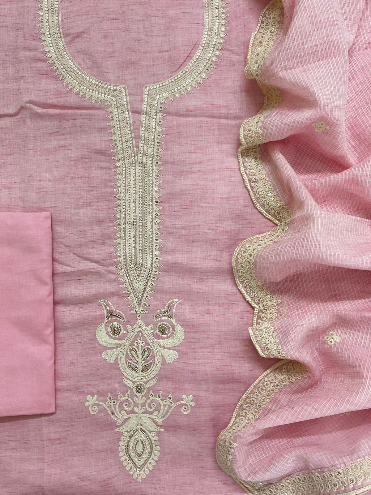 Pure Fine Handloom Cotton Embroidered Suit - Pink