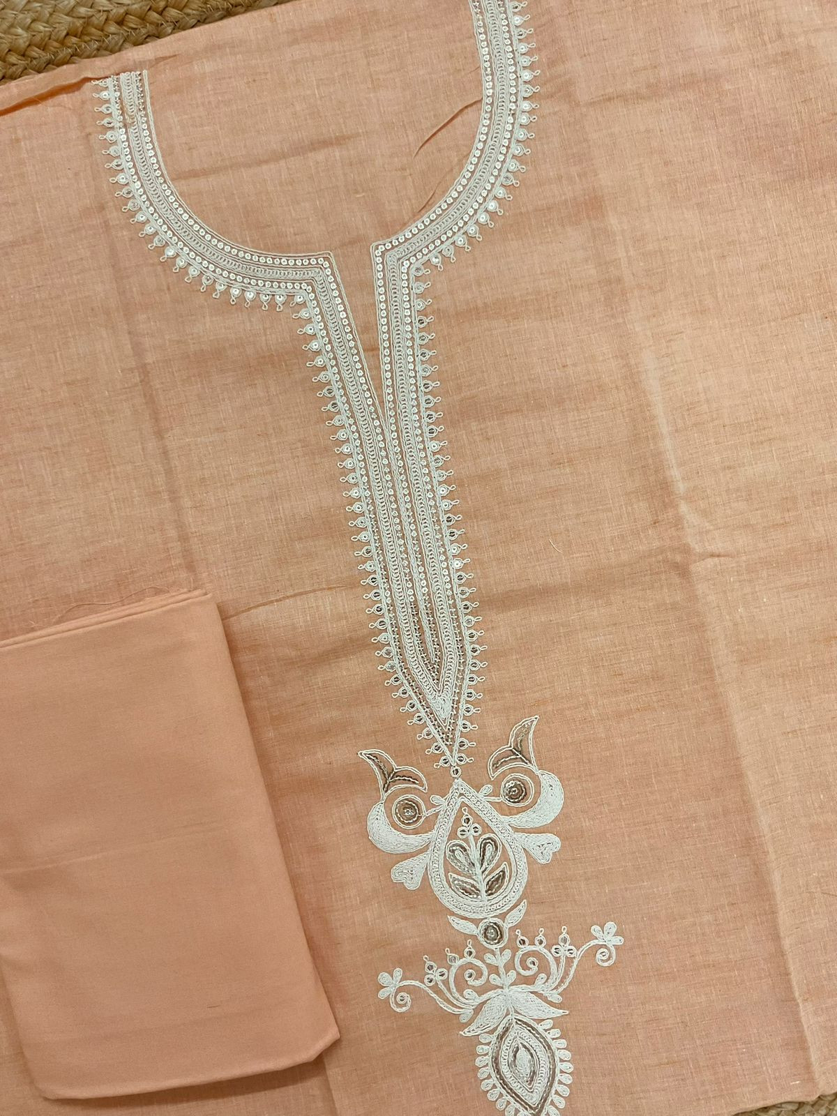Pure Fine Handloom Cotton Embroidered Suit - Peach