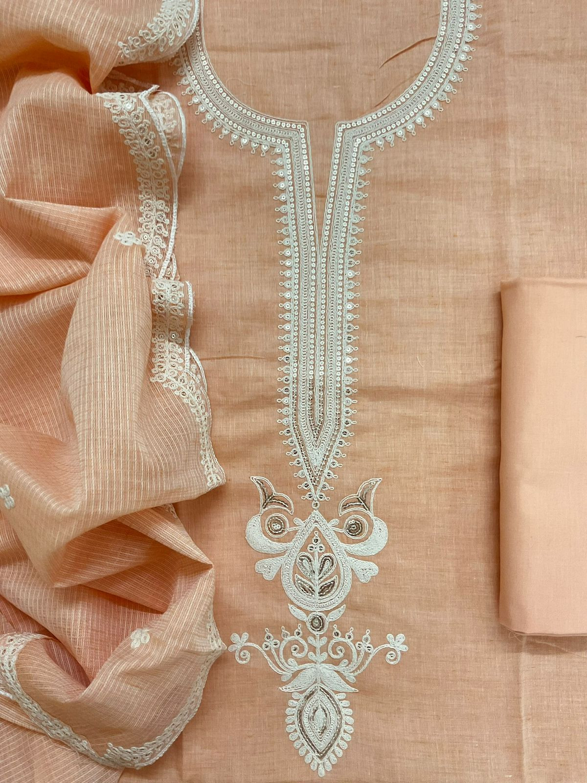 Pure Fine Handloom Cotton Embroidered Suit - Peach