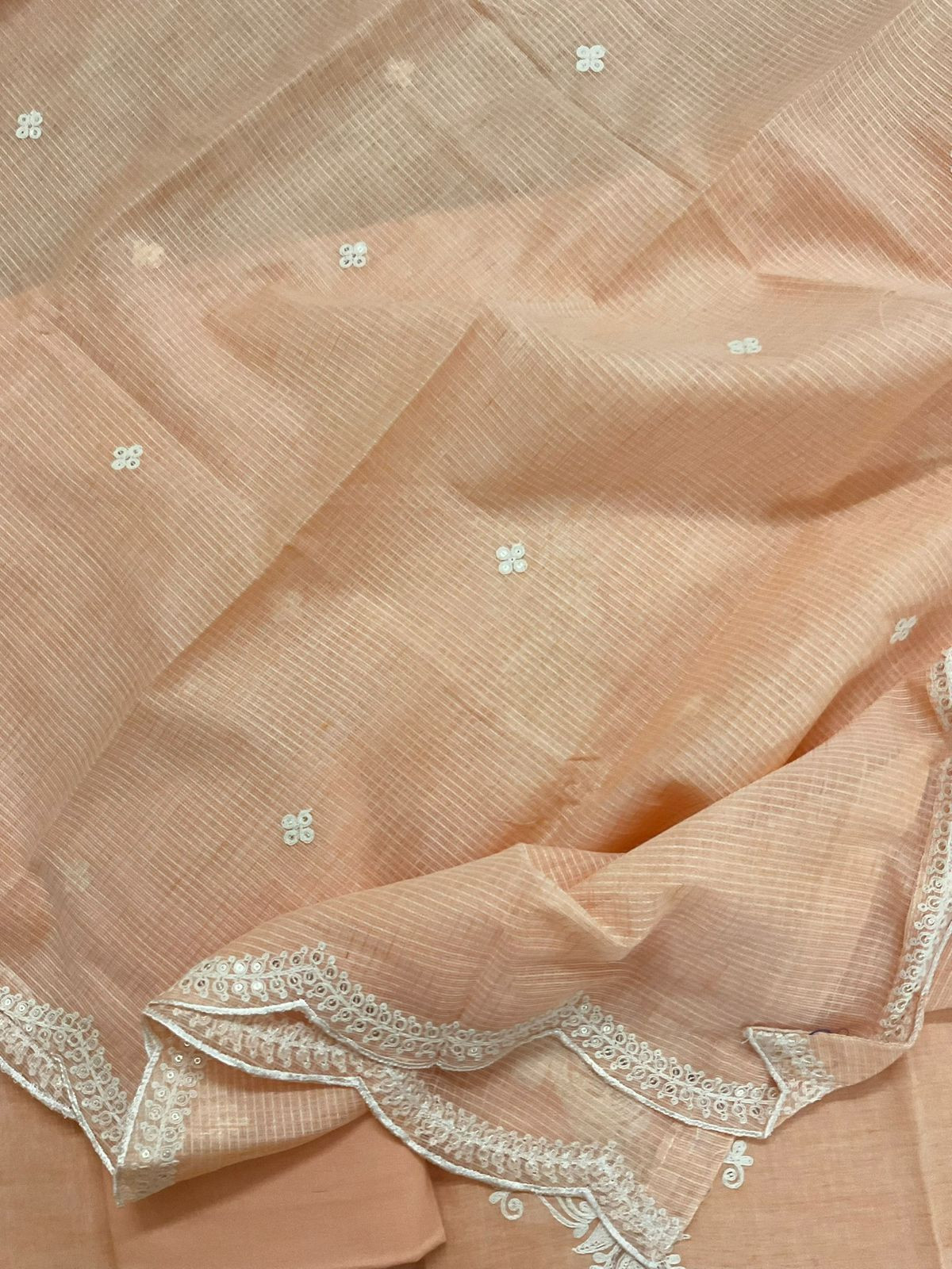 Pure Fine Handloom Cotton Embroidered Suit - Peach