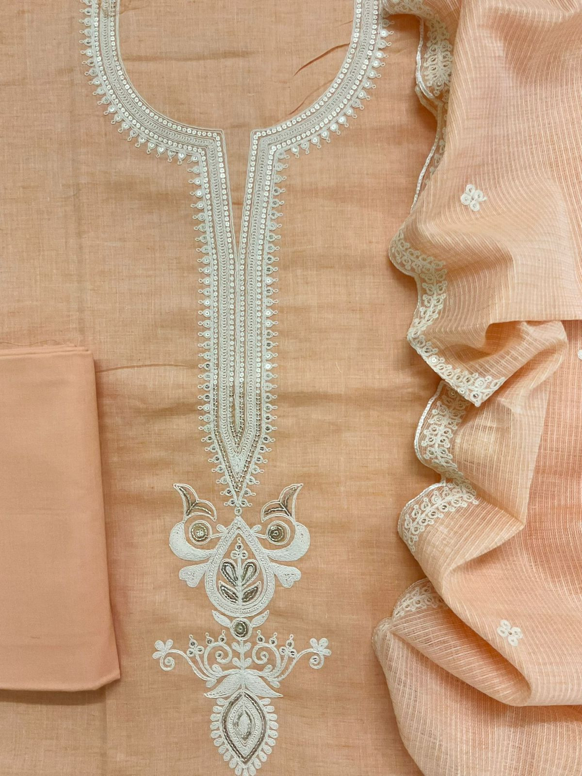 Pure Fine Handloom Cotton Embroidered Suit - Peach