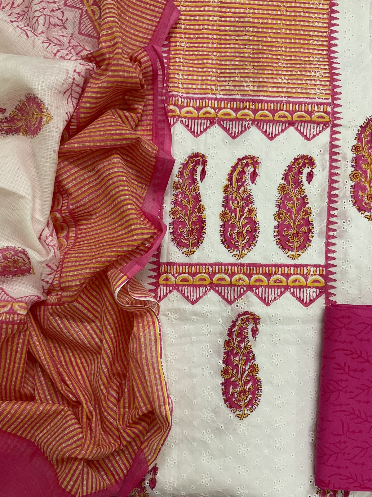 Pure Hakoba Cotton Printed Embroidered Suit - White