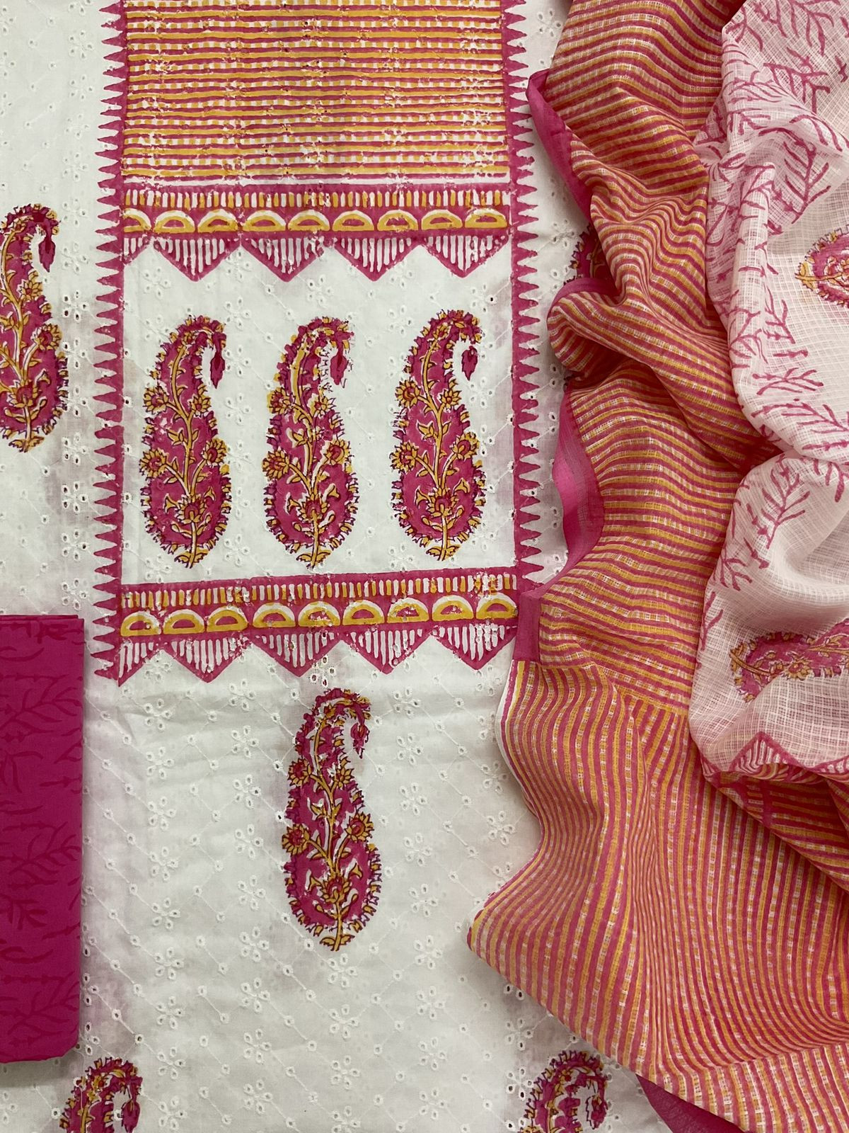 Pure Hakoba Cotton Printed Embroidered Suit - White