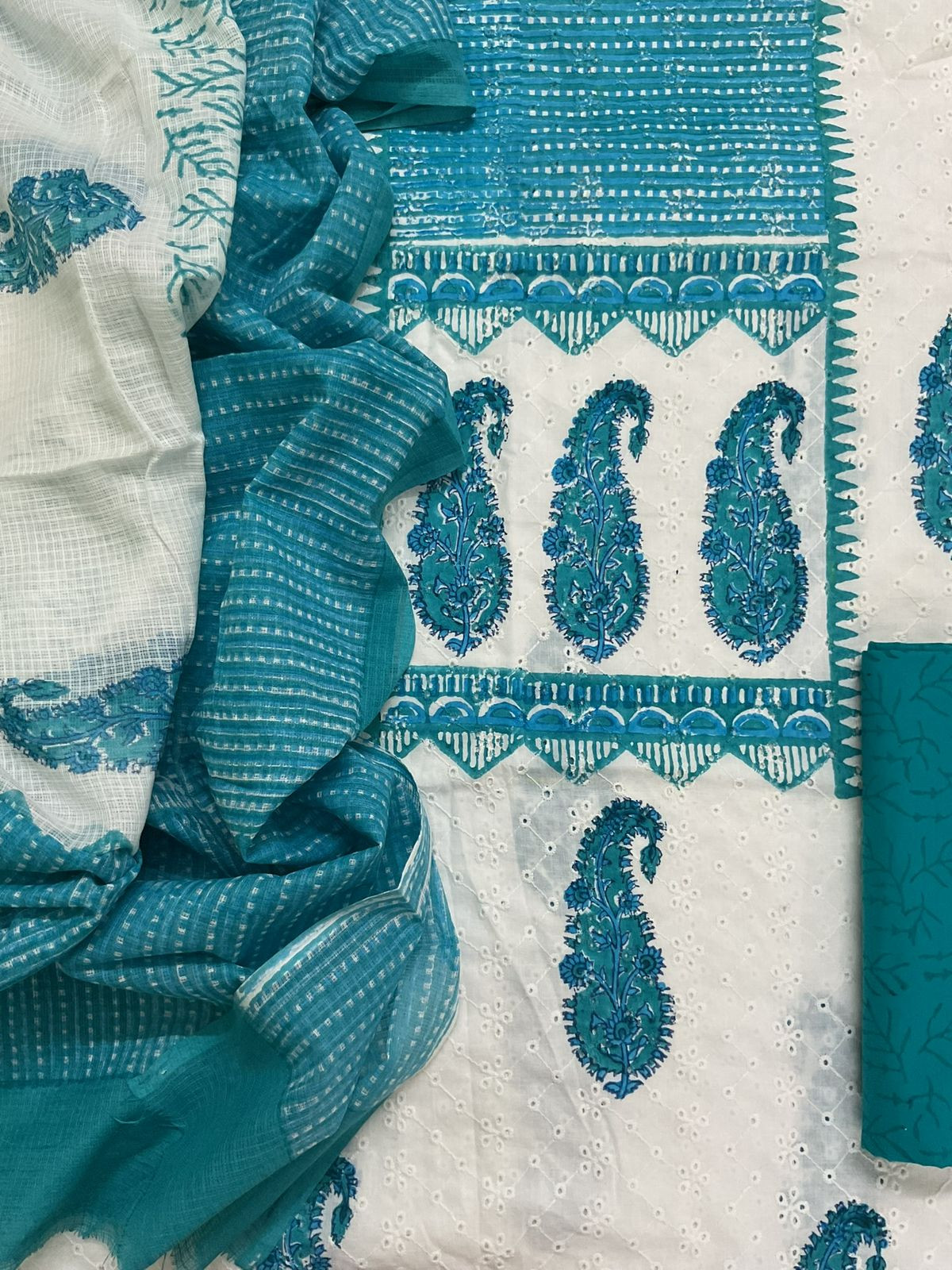 Pure Hakoba Cotton Printed Embroidered Suit - White