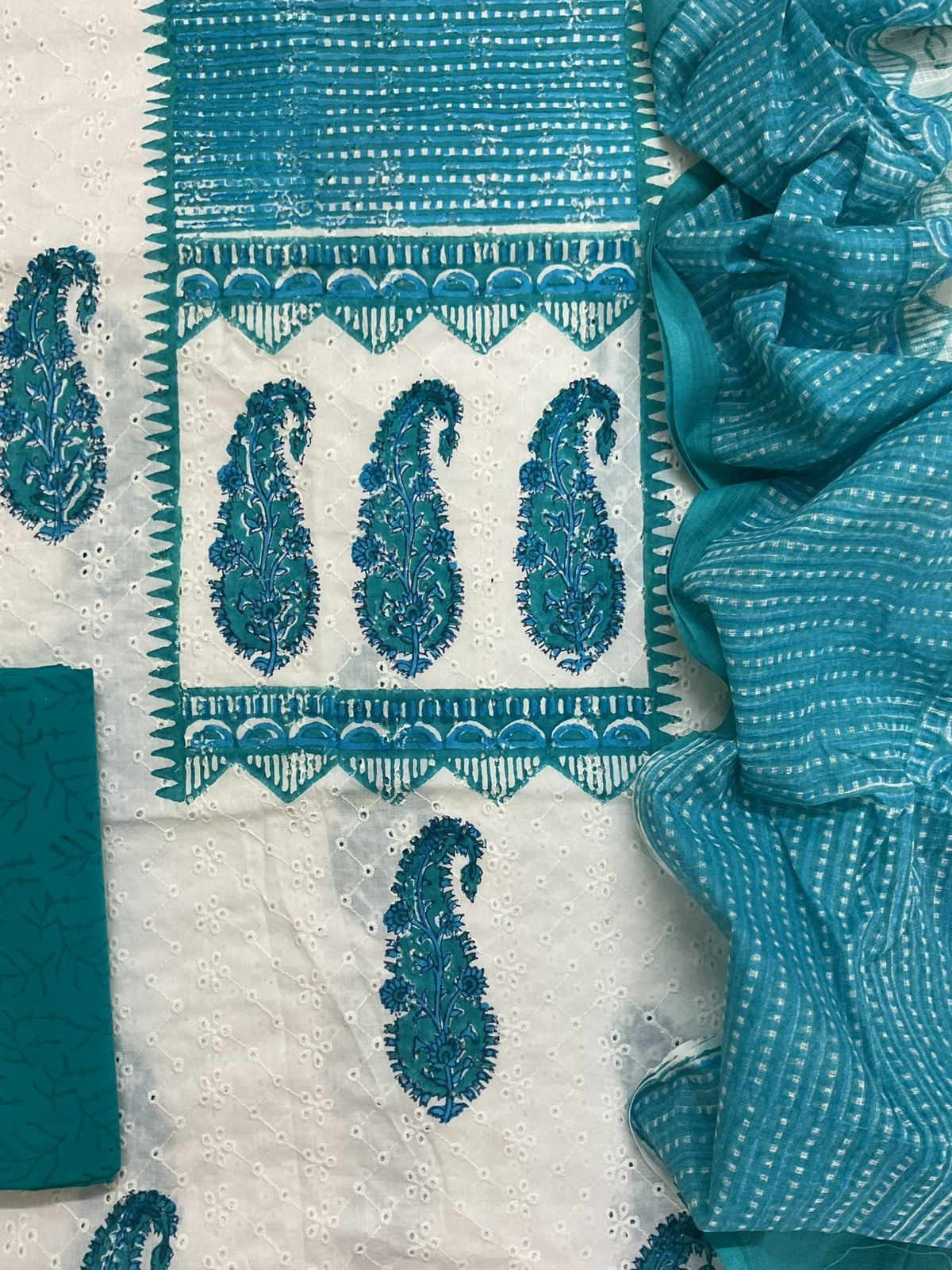 Pure Hakoba Cotton Printed Embroidered Suit - White